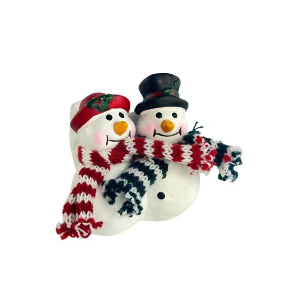 Vintage Ceramic Snowman Couple Planter with Scarves Christmas Vase Holiday Decor - Picture 6 of 15